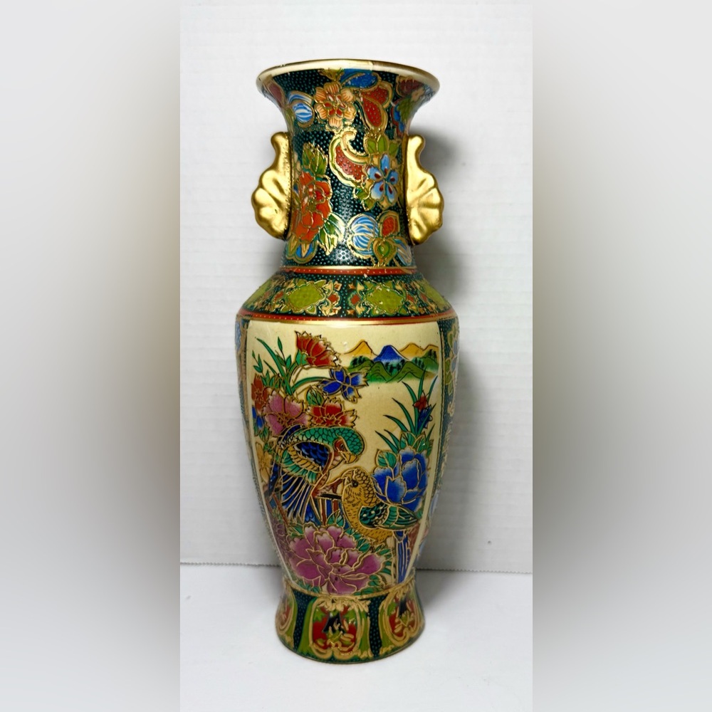 Vintage Satsuma Porcelain Trophy Vase Wild Birds Floral Jewel Tone Gold Color